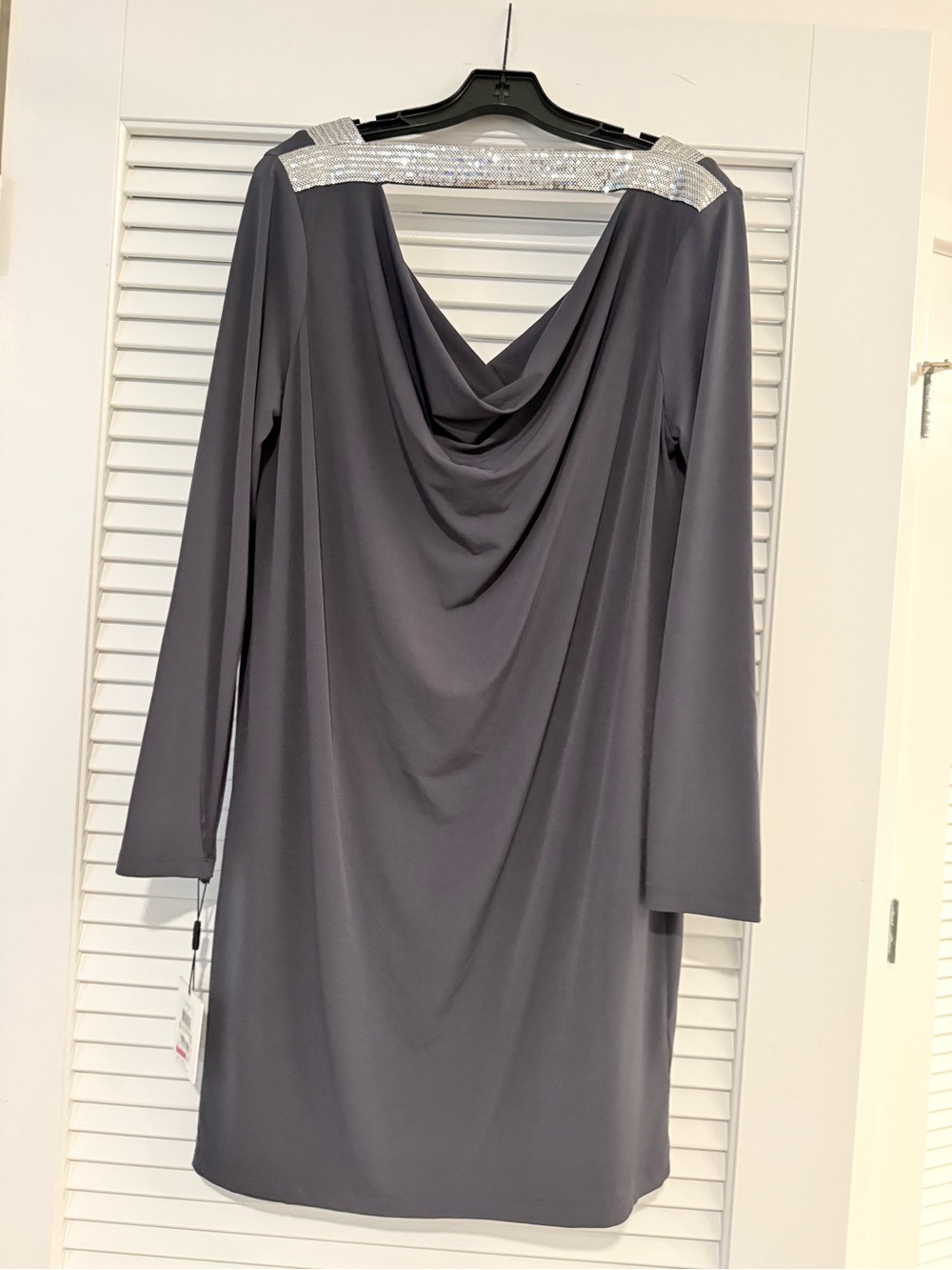 NEW NWT Calvin Klein Gray Long-Sleeve Cowl Neck Dress with Embellished Shoulders